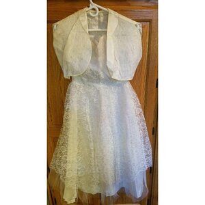Vintage Lace Satin Ivory Cream Formal Wedding Dress Knee Length Strapless Jacket